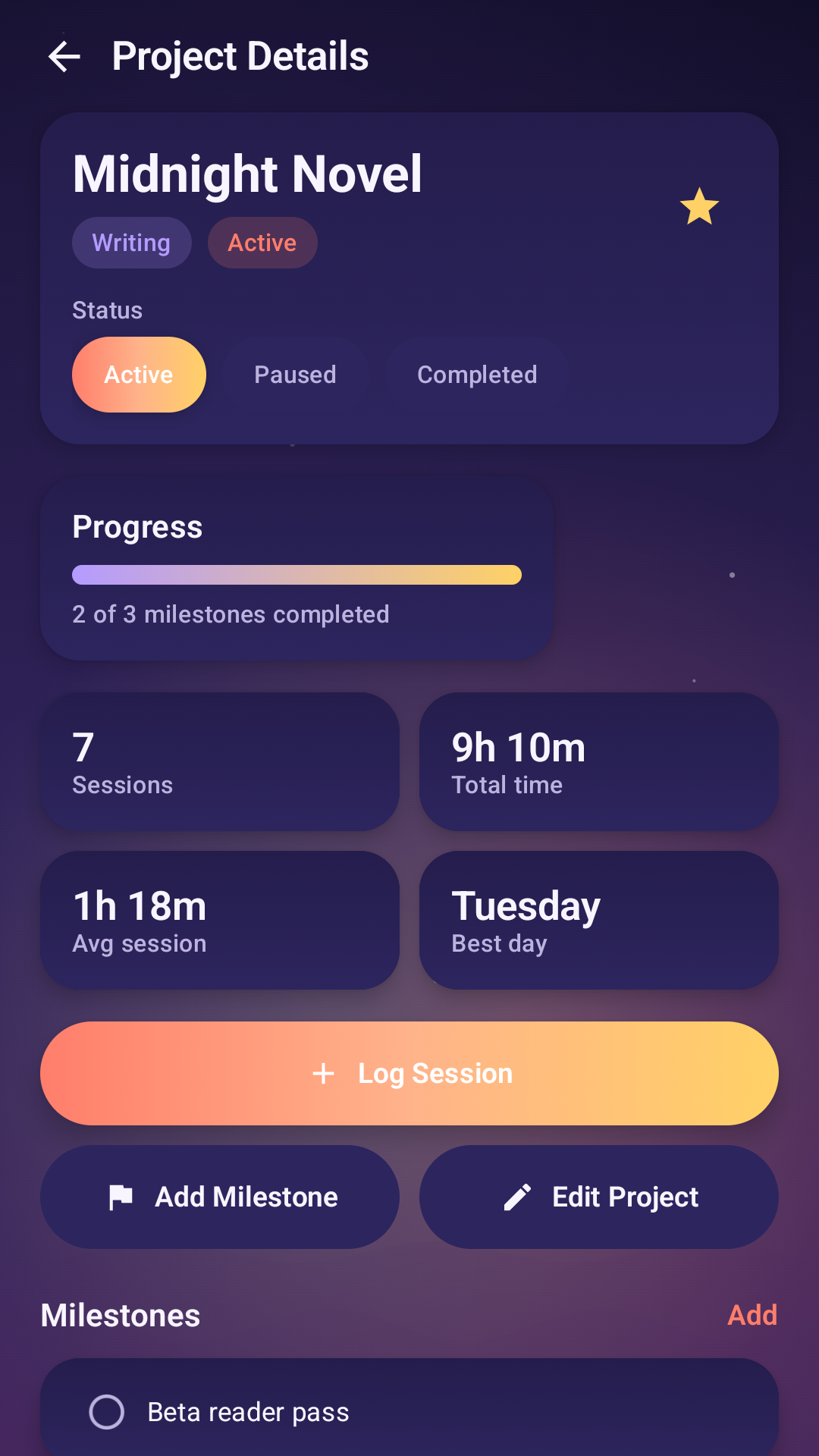 Creative Canvas Stats project details screen