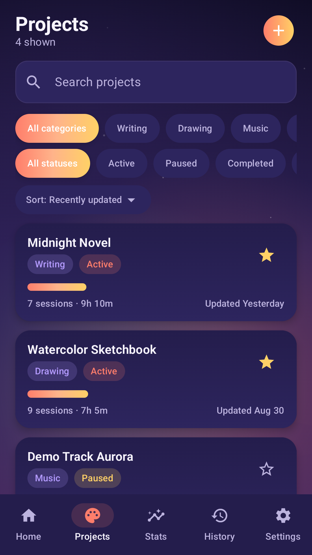 Creative Canvas Stats projects screen