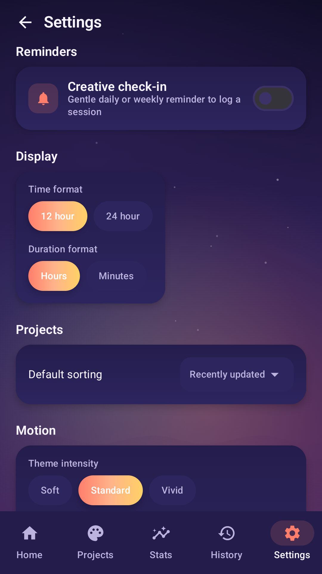 Creative Canvas Stats settings screen